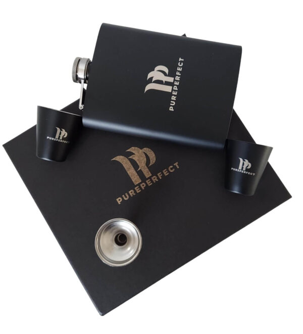 PurePerfect Hip Flask Gift Set, 8oz Leak-proof Flask with 2 Cups and Funnel, Food-grade Stainless Steel with Black Gift Box