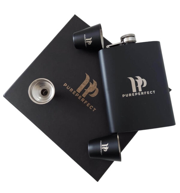 PurePerfect Hip Flask Gift Set, 8oz Leak-proof Flask with 2 Cups and Funnel, Food-grade Stainless Steel with Black Gift Box