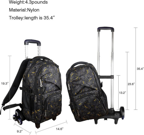 PurePerfect High-Capacity Unisex Rolling School Bag With Trolley on Six Wheels - Black With Yellow Stripes
