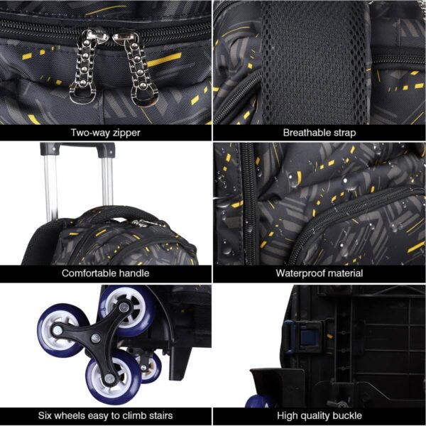 PurePerfect High-Capacity Unisex Rolling School Bag With Trolley on Six Wheels - Black With Yellow Stripes