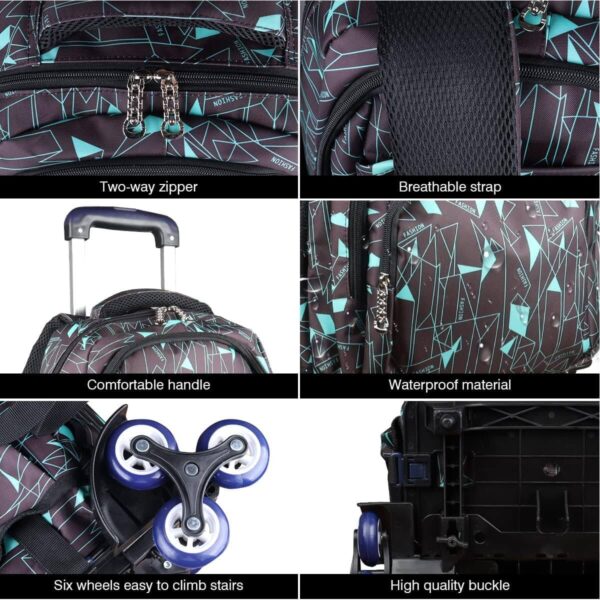 PurePerfect High-Capacity Unisex Rolling School Bag With Trolley on Six Wheels - Black With Teal